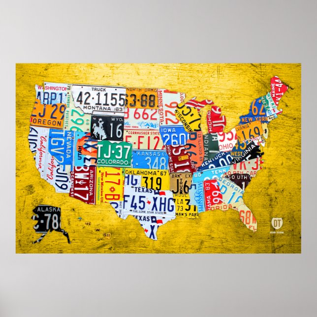 License Plate Map of the USA on Yellow Wood Board Poster (Front)