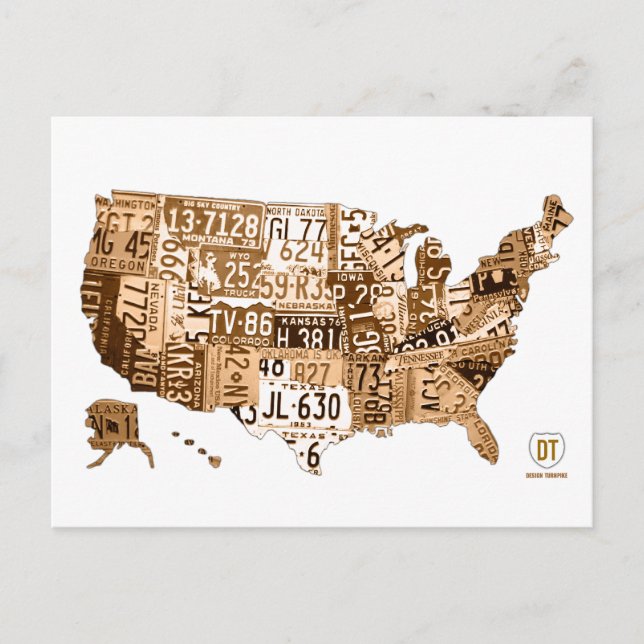 License Plate Map of the USA Sepia Postcard (Front)