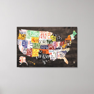 License Plate Map of The USA - Warm Colors / Black Canvas Print