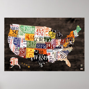 License Plate Map of The USA - Warm Colors / Black Poster