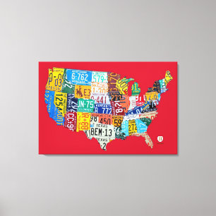License Plate Map of the USA Wrapped Canvas 36x24 Print