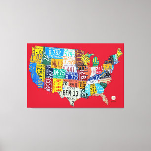 License Plate Map of the USA Wrapped Canvas Red Print
