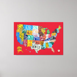 License Plate Map of the USA Wrapped Canvas Red Print