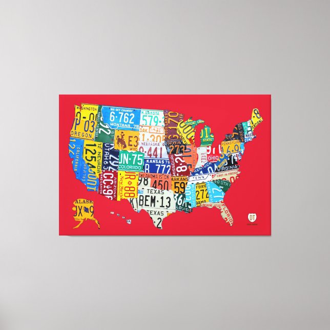 License Plate Map of the USA Wrapped Canvas Red Print (Front)
