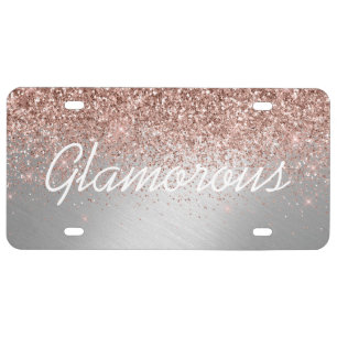 License Plate - Your Text Glitter Silver Rose