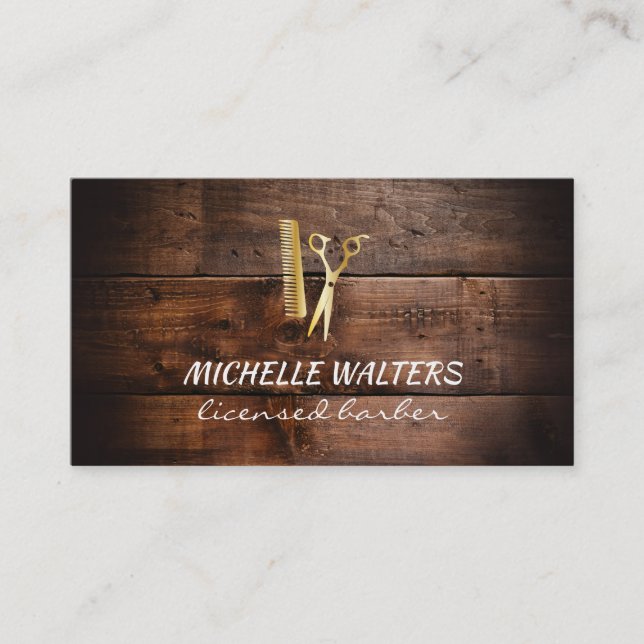 Licensed Barber Leather Gold Comb and Scissors Business Card (Front)
