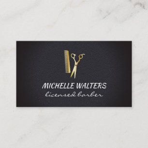 Licensed Barber Leather Gold Comb and Scissors Business Card