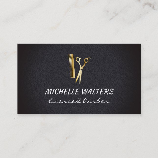 Licensed Barber Leather Gold Comb and Scissors Business Card (Front)