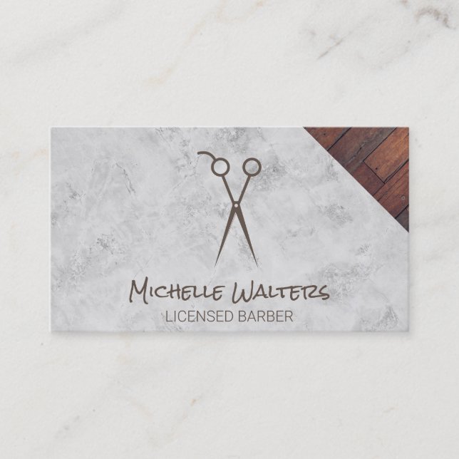 Licensed Barber | Shears | Marble & Wood Business Card (Front)