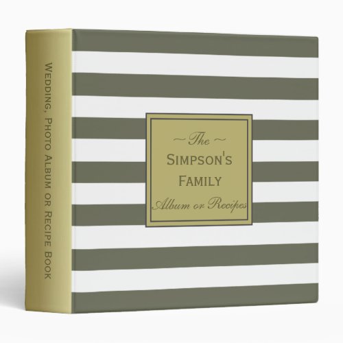 Lichen Green White Stripes Gold Album Recipe Book 3 Ring Binder