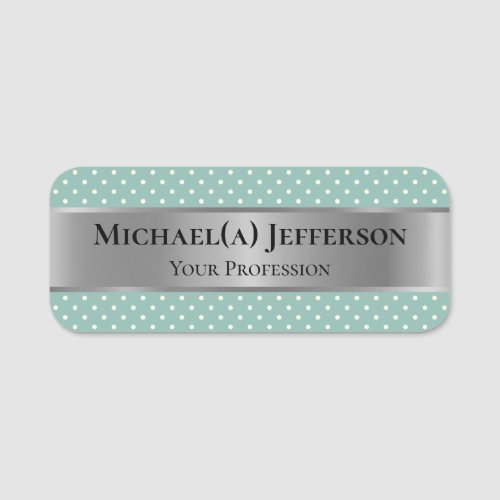 Lichen Light Blue Green Polka Dots  Luxury Silver Name Tag