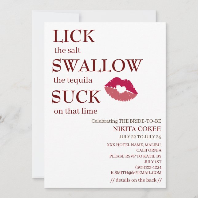 Lick the salt swallow funny Bachelorette Weekend Invitation (Front)
