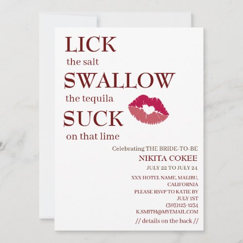 Lick the salt swallow funny Bachelorette Weekend Invitation
