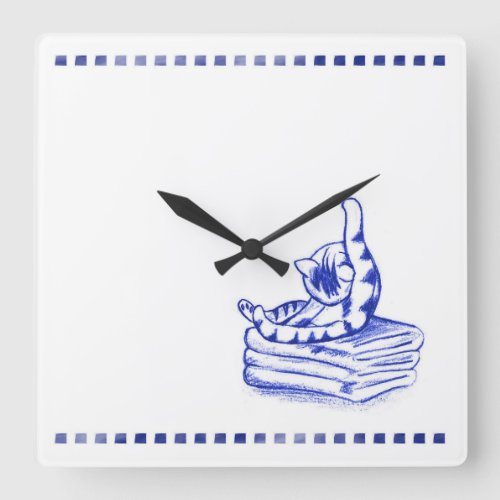 Licking Himself Kitty Cat Bathroom Toile Look Square Wall Clock