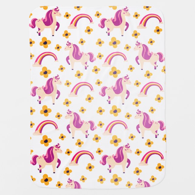 Licorne Cute Unicorn Rainbows & Flowers Girl Baby Blanket (Front)