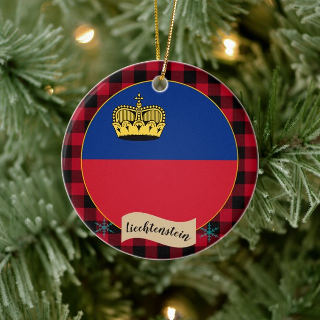 Liechtenstein Flag, Red buffalo plaid, patriotic Ceramic Ornament (Tree)