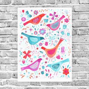 Lienzo Aves acuarelas en un jardín de flores pintando