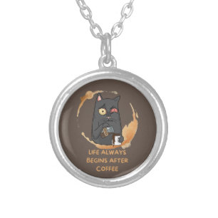 life always begin after coffee silver plated necklace