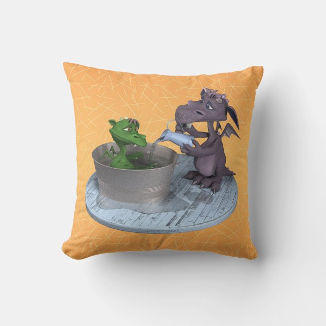 Life as a little dragon: bath time throw pillow (Front)