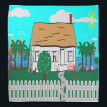 Life At The Beach Bandana<br><div class="desc">House with fence by the beach water with trees and flowers all around. The mountains settings in the background. Two women outside exercising while one woman looks out the window as the radio playing. The dog barks at the walking flamingo and the sailboat calmly passes by.</div>