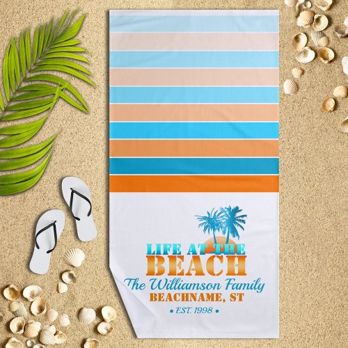 Life at The Beach Cool BlueOrange Personalized Beach Towel