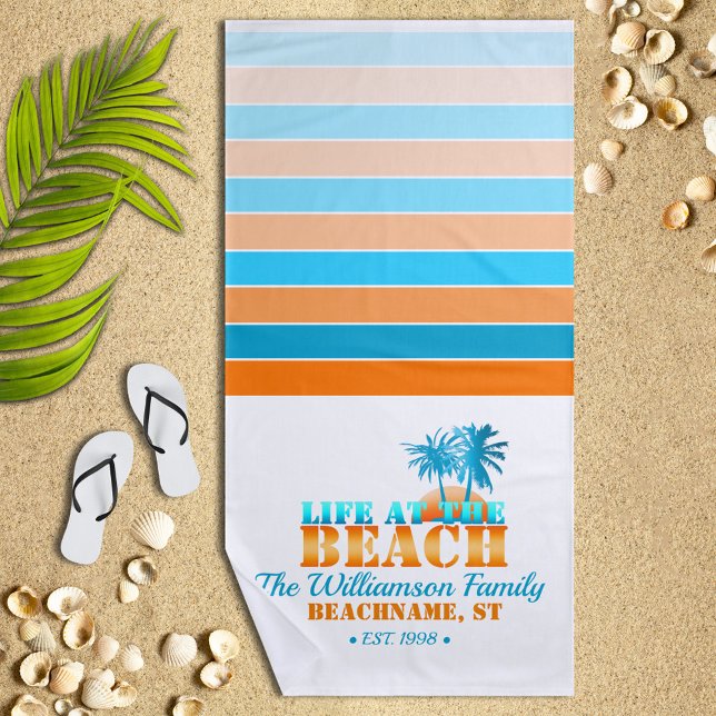 Life at The Beach Cool Blue/Orange Personalized Beach Towel (Creator Uploaded)
