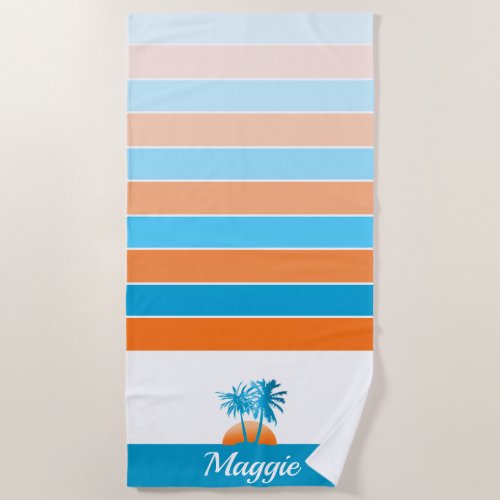 Life at The Beach Cool Blue/Orange Personalized Beach Towel - Fun, summery, tropical beach theme design