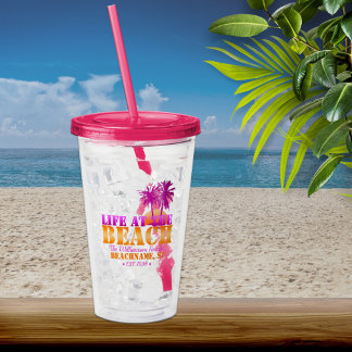 Life at The Beach Cool Sunset Pink and Orange Acrylic Tumbler