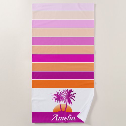 Life at The Beach Cool Sunset Pink and Orange Beach Towel - Fun, summery, tropical beach theme design