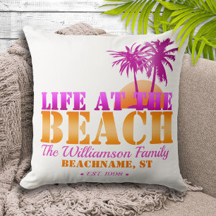 Life at the Beach Personalized Pink & Orange Outdoor Pillow