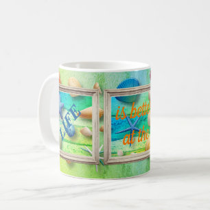 Life at the Beach Sea Sand Seashells Rustic Frame Coffee Mug