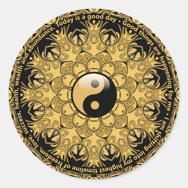 Life Balance Daily Affirmation Gold Black Mandala Classic Round Sticker (Front)