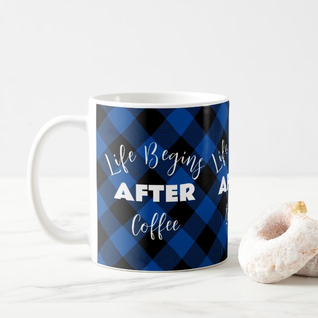 Life Begins After Coffee Checkered Pattern Mug (With Donut)