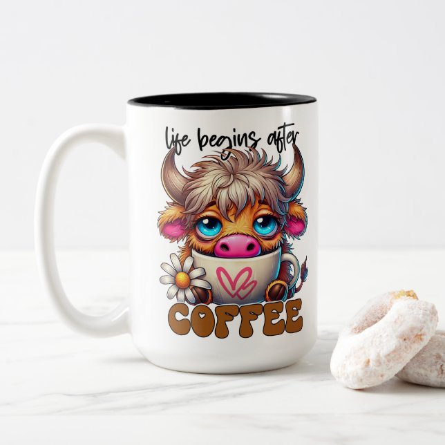 Life Begins After Coffee  Two-Tone Coffee Mug (With Donut)