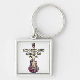 Life begins after playing the guitar. retro color keychain