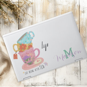 Life Begins After Tea Floral Cup Monogram Add Name HP Laptop Skin