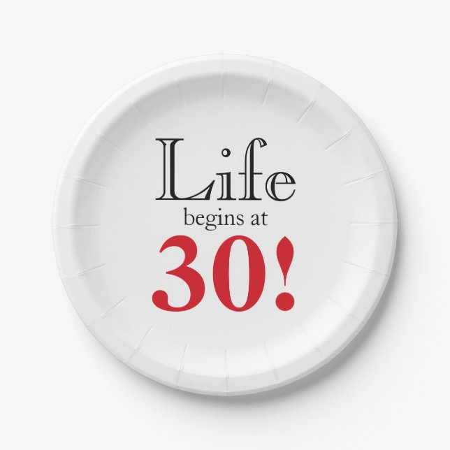 Life begins at 30 cherry red and black cool retro paper plates (Front)