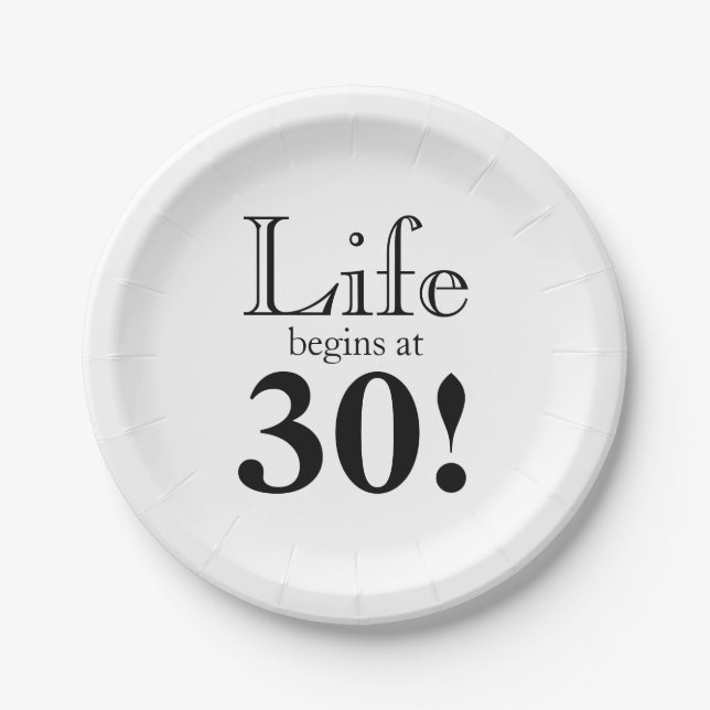 Life begins at 30 retro black graphic font paper plates (Front)