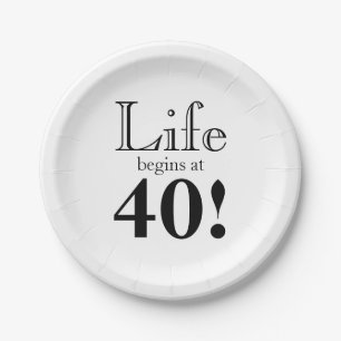 Life begins at 40 black cool retro graphic font paper plates