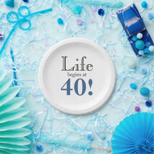 Life begins at 40 slate blue and black cool retro  paper plates (Party)