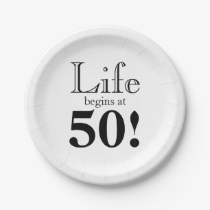Life begins at 50 black cool retro font paper plates