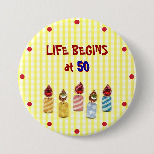 "Life Begins at 50" Colorful Birthday Candles Pin