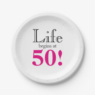 Life begins at 50 retro black pink graphic font paper plates
