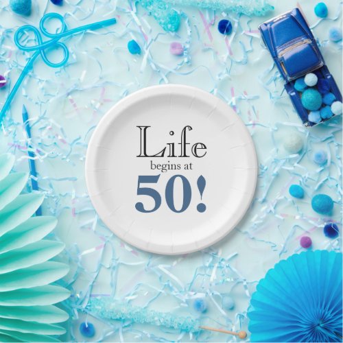 Life begins at 50 slate blue black cool retro pape paper plates