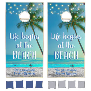 Life Begins at Beach Quote Tropical Palms Lights Cornhole Set