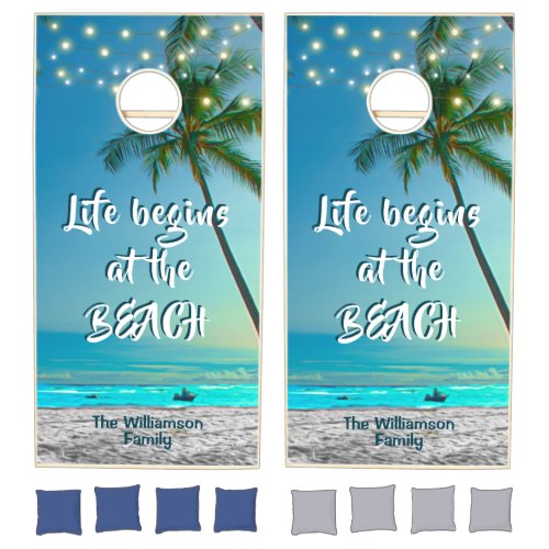 Life Begins at Beach Quote Tropical Palms Lights Cornhole Set