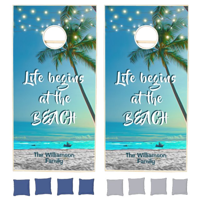 Life Begins at Beach Quote Tropical Palms Lights Cornhole Set (Set)
