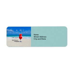Life Begins at Retirement, frosty drink on beach Label
