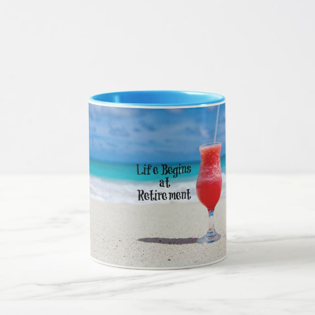 Life Begins at Retirement, Frosty Drink on Beach Mug (Center)