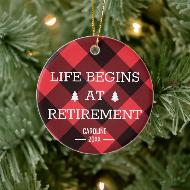 Life Begins At Retirement Personalized Red Plaid Ceramic Ornament (Tree)